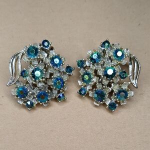 Vintage 60s Turquoise Earrings Blue AB Crystal Rhinestones Mid Century MCM